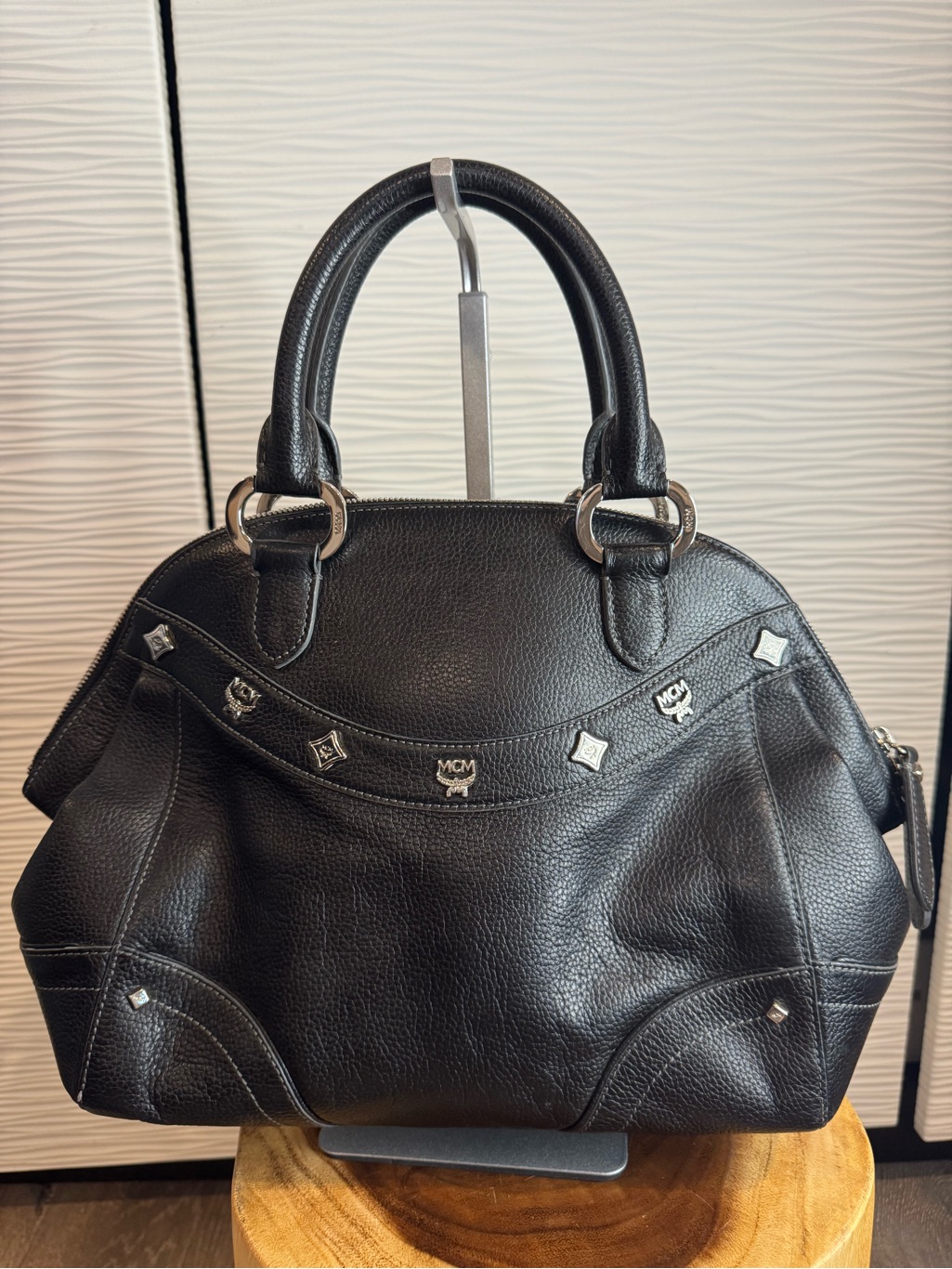 Mcm Black Pebbled Leather Stud-Trim Satchel